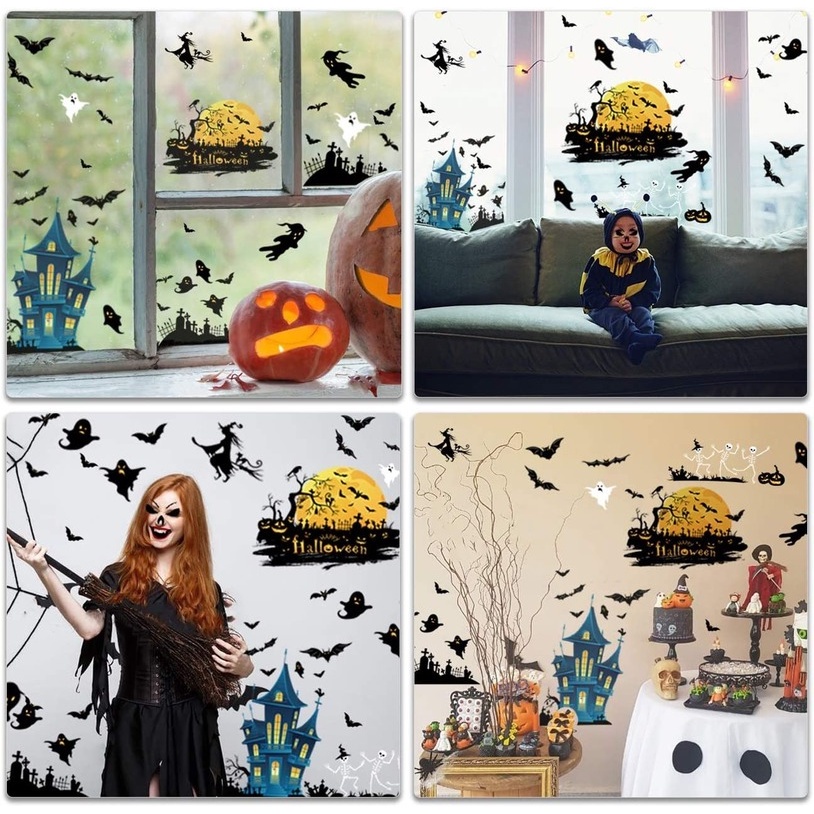 Bộ 4 Tấm Sticker Dán Tường / Kính Cửa Sổ / Cửa Sổ Họa Tiết Halloween Độc Đáo
