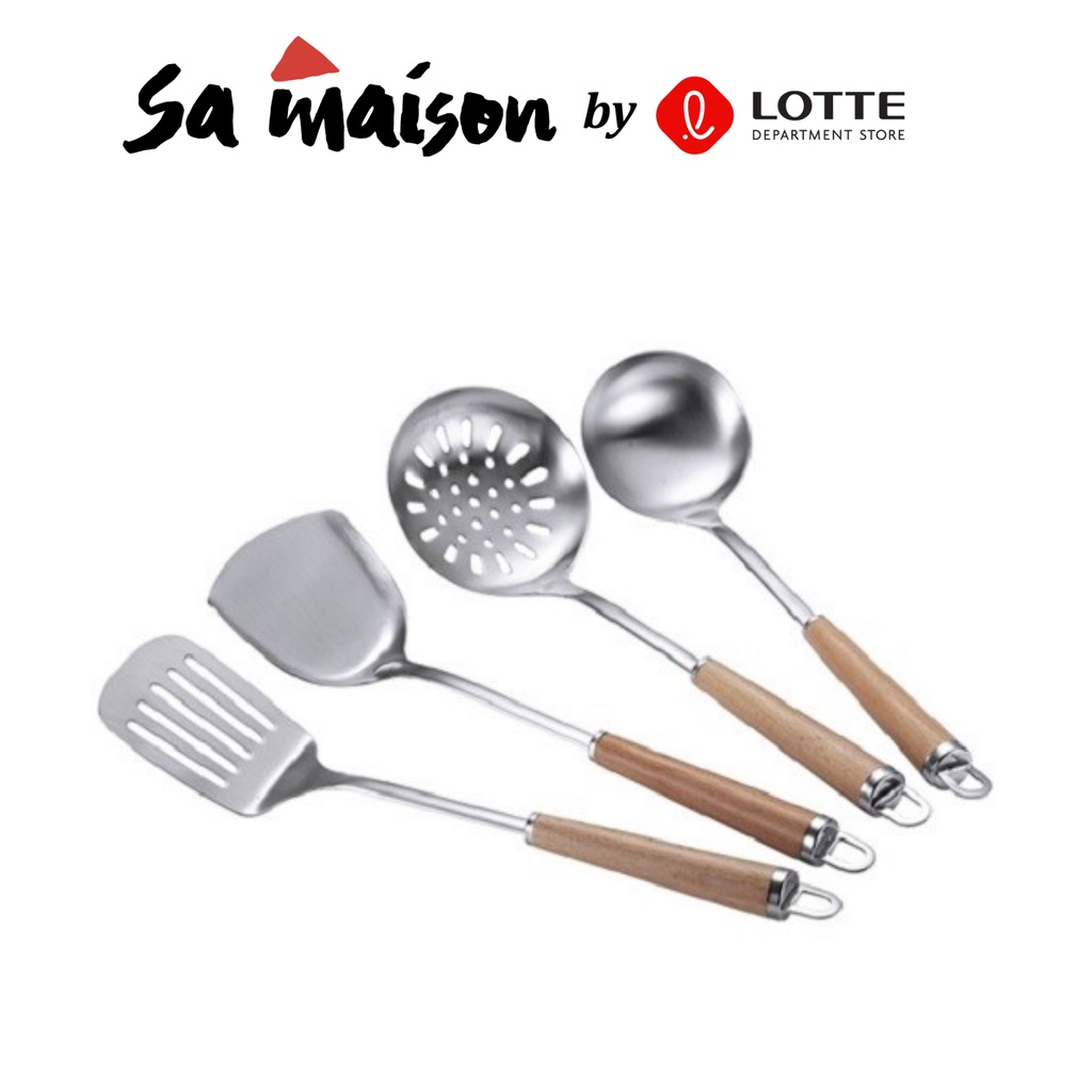 Set Vá đặc, Vá lỗ, Xẻng đặc, Xẻng lỗ inox Sa Maison cán gỗ cao cấp