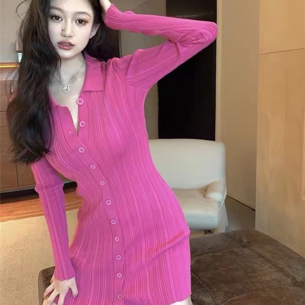 Đầm dệt kim SUXI tay dài cổ polo dáng ôm thời trang mùa thu xinh xắn cho nữ