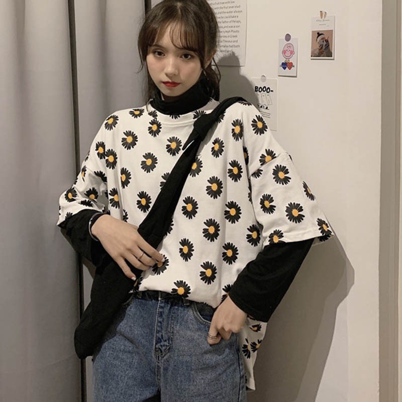 Áo Thun Tay Ngắn Cổ Tròn Hoạ Tiết Hoa Thiết Kế Dáng Rộng Thoải Mái