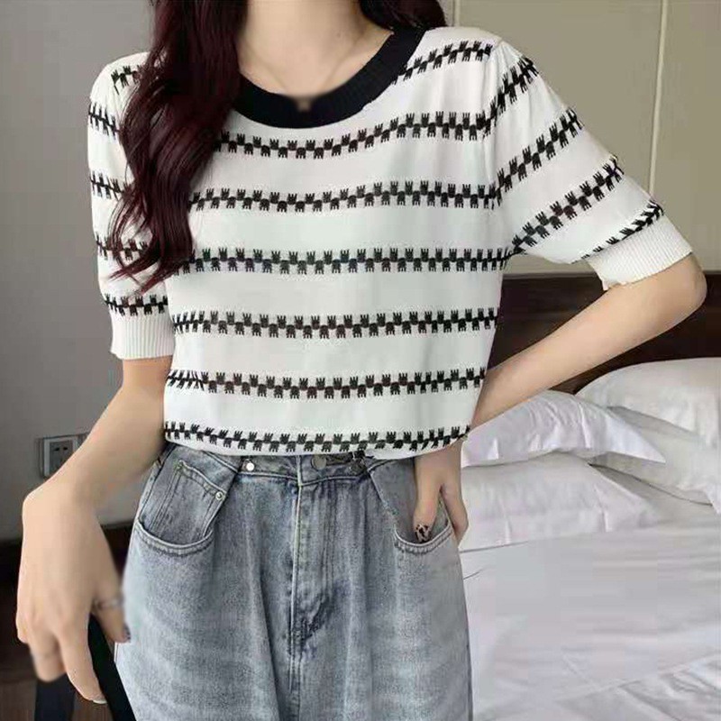 Áo dệt kim tay ngắn cổ tròn dáng rộng họa tiết kẻ sọc thời trang mùa hè dành cho nữ