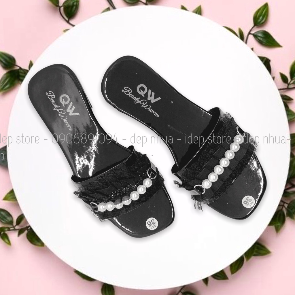 Dép nữ quai ngang bèo nhún nhúm đính ngọc châu đẹp hot trend iDép- DL146