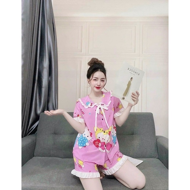 Đồ bộ đùi tiểu thư mặc nhà chất vải lụa hàn in mèo dễ thương