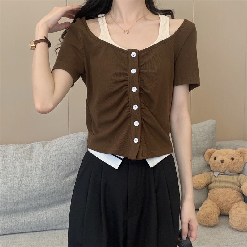 Áo Thun Ngắn Tay Giả Hai Lớp Màu Sắc Tương Phản Phong Cách Hàn Quốc Dành Cho Nữ