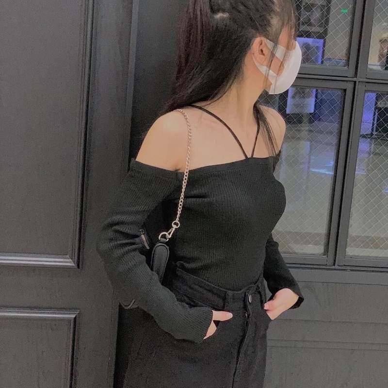 Áo thun dài tay trễ vai ( 2 màu Đen , Trắng )