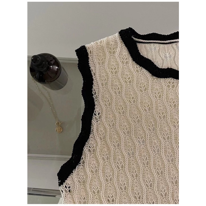 Áo Dệt Kim Sát Nách Dáng Rộng Phối Ren Màu Khối Thời Trang Mới Cho Nữ