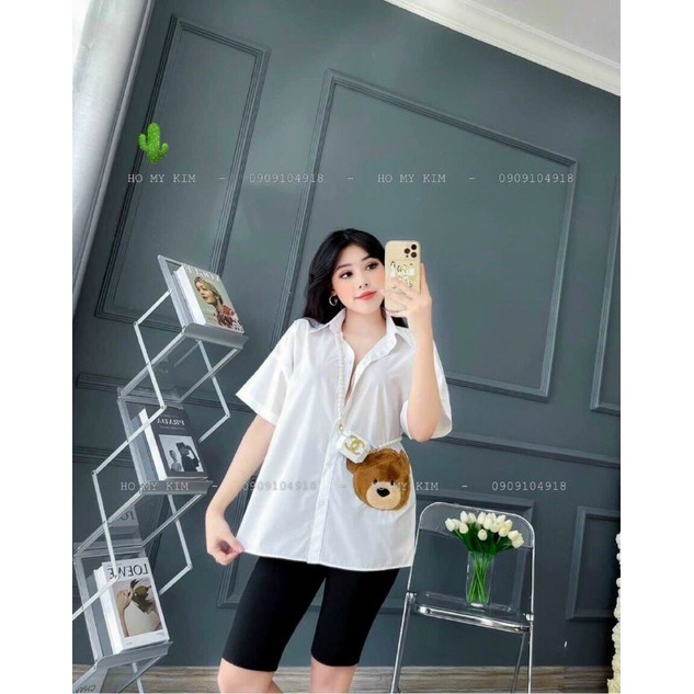 Áo sơ mi trắng thêu gấu lông