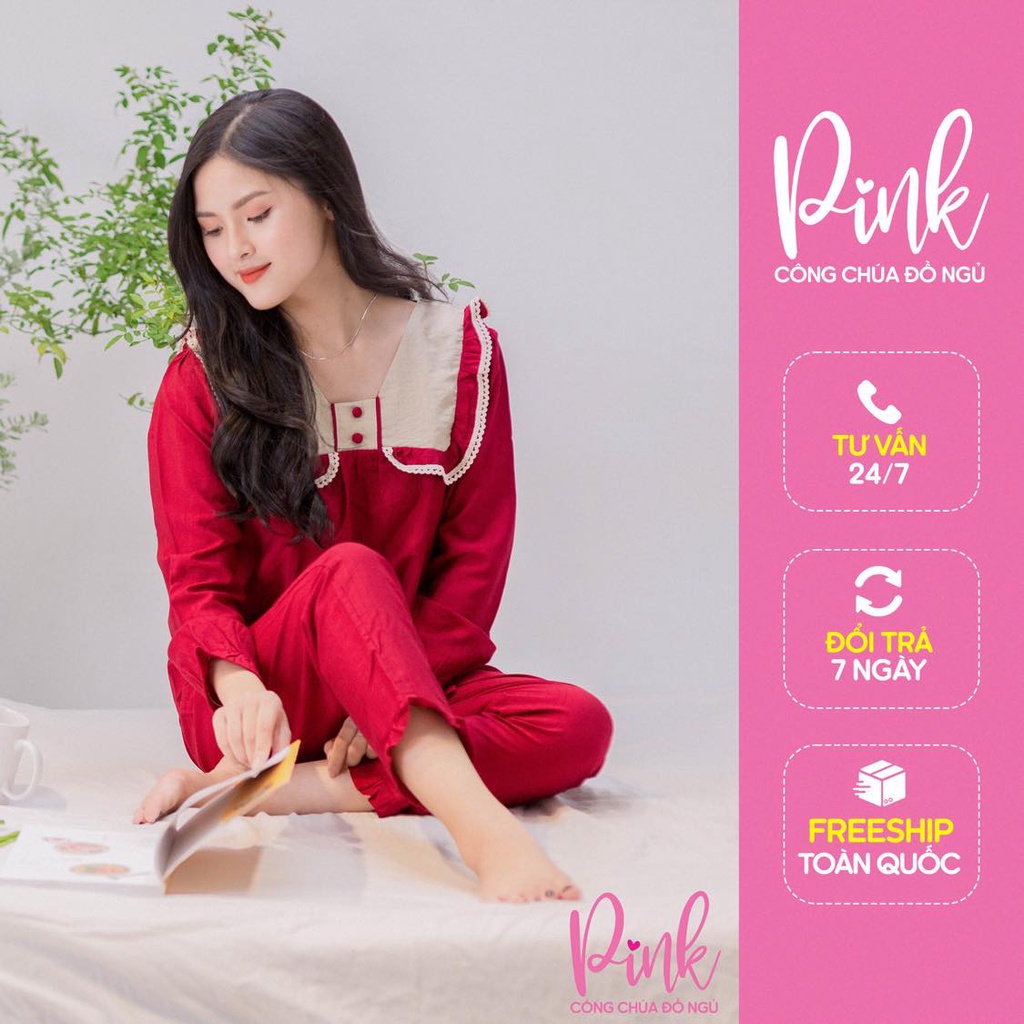 Bộ Đồ Ngủ Pijama Dài Tay Pinksleepwear Quần Dài Vải Đũi Cao Cấp Thoáng Mát Bộ Ngủ Nữ Phong Cách Tiểu Thư Hàn Quốc