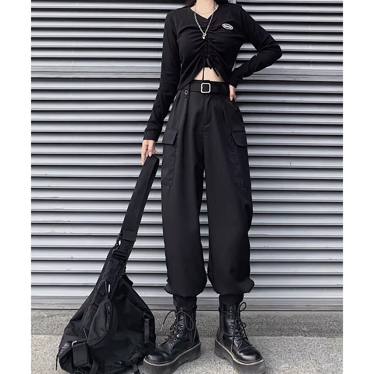 Quần Jogger Nữ Ulzzang Túi Hộp Thương Hiệu BACA Màu Đen