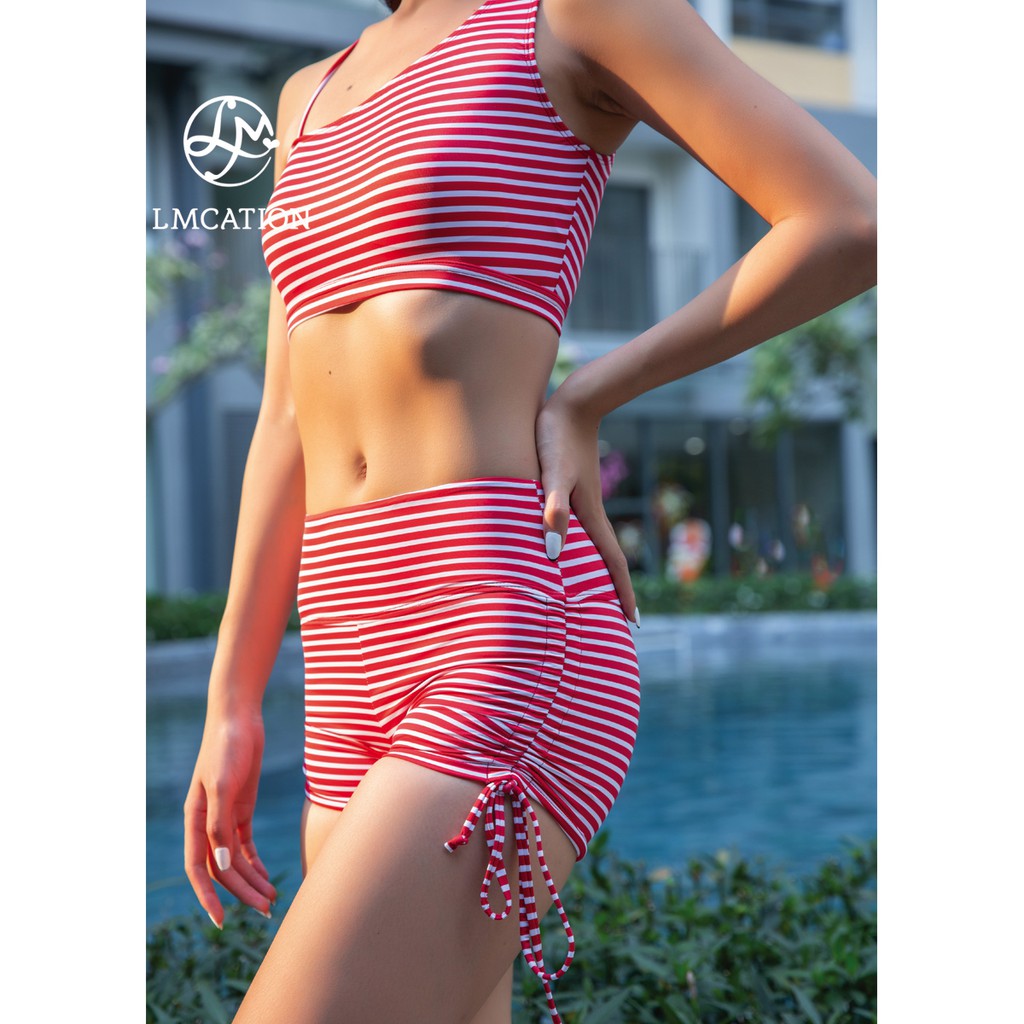 Combo bikini nữ LMcation - Áo Bikini Thể Thao Abby &amp; Quần Bơi Đùi Ada - Sọc Đỏ Trắng