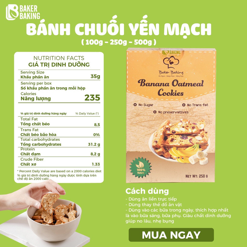 Bánh Chuối Yến mạch Baker Baking - Eat clean hỗ trợ ăn kiêng chứa nhiều Kali 500g