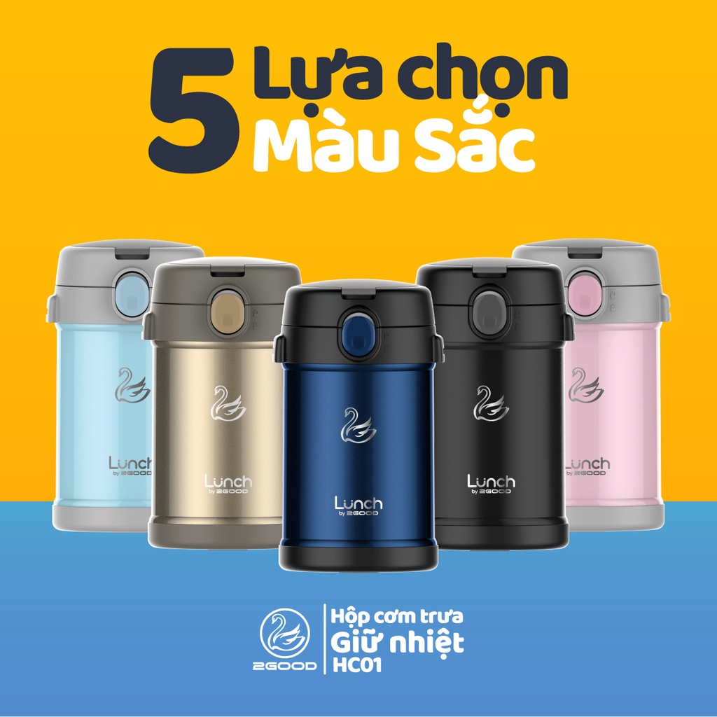 Bộ Hộp Cơm Giữ Nhiệt 2GOOD Lunch Box HC01 (2000ml) - Kèm Muỗng và Đũa Inox 304, Hàng Chính Hãng