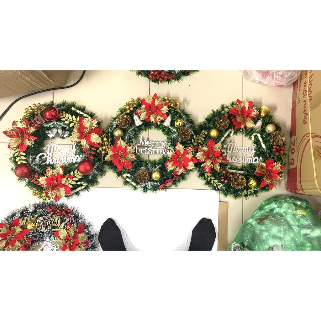 Vòng nguyệt quế treo cây thông, treo cửa trang trí giáng sinh, noel đường kính 30cm tặng kèm 1 móc dán tường siêu chắc