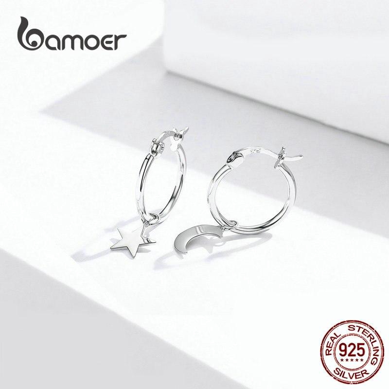 Bông tai Bamoer bạc 925 mặt hình ngôi sao/mặt trăng xinh xắn cho bạn gái