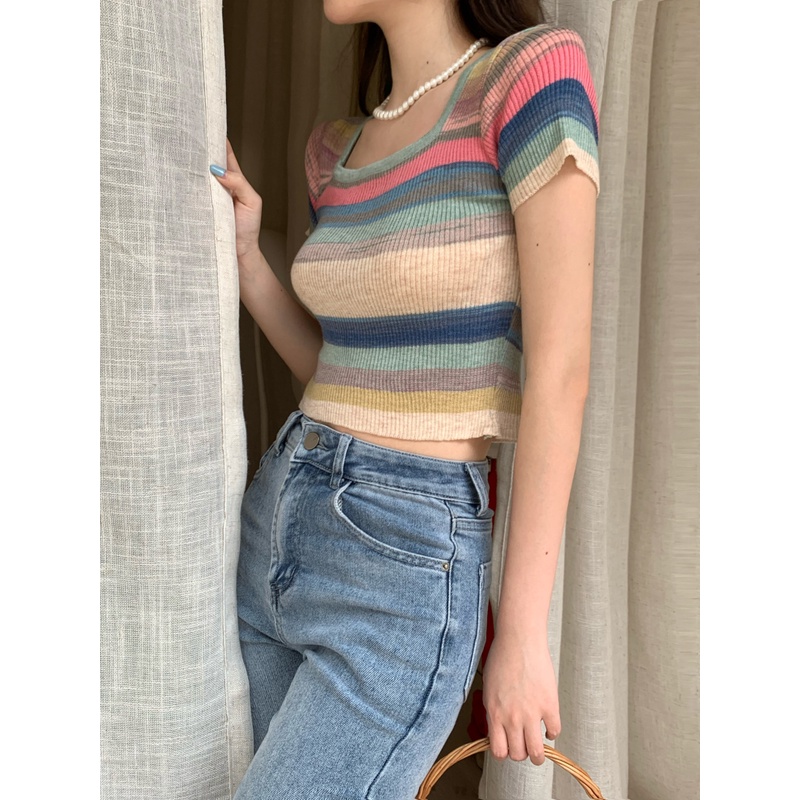 Xiaozhainv Áo Thun Dệt Kim Ngắn Tay Cổ Vuông Họa Tiết Kẻ Sọc Phong Cách retro Hàn Quốc Cho Nữ