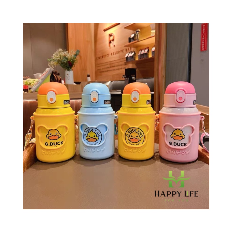 Bình giữ nhiệt cute cho bé, bình nước giữ nhiệt mini có ống hút cao cấp 500ml G.Duck - Happy Life 4U