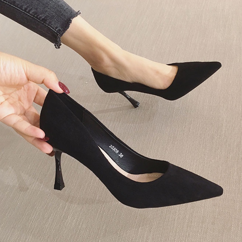 Giày cao gót IELGY mũi nhọn da lộn nhiều màu sắc tùy chọn đơn giản phong cách Pháp