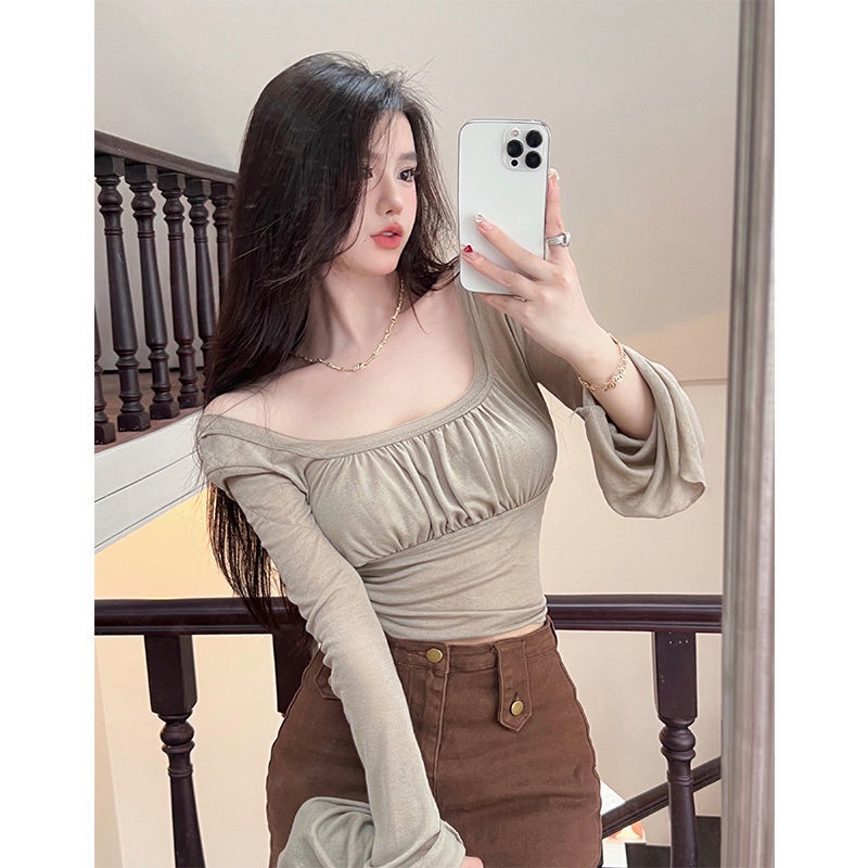 COZOK Áo Thun Tay Dài Cổ Vuông Dáng Ôm Thời Trang Quyến Rũ Cho Nữ