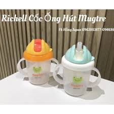 Cốc tập uống có ống hút chống đổ nước Richell Mugtre Xanh/ Cam cho bé 8 tháng trở lên