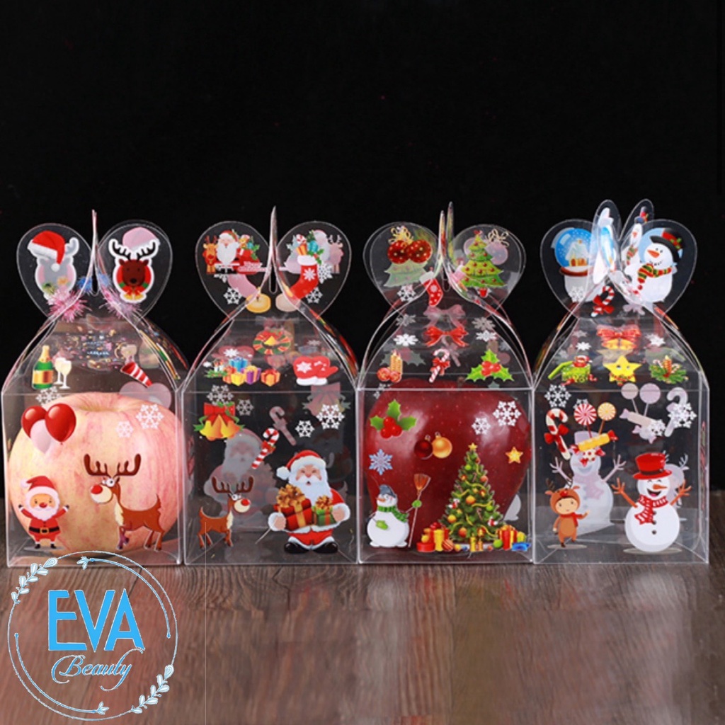 Set 10 Hộp Đựng Quà Noel Nhựa Mica  In Hoạ Tiết Giáng Sinh Kiểu Hộp Nắp Trái Tim 3D Nhiều Mẫu M3523
