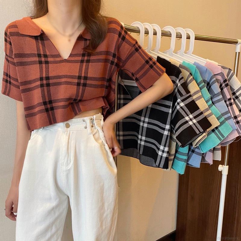 Áo croptop dệt kim tay ngắn cổ chữ v thiết kế dáng rộng thoải mái