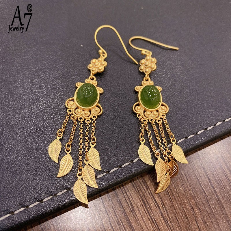 Bông Tai Bạc A7 S925 Dáng Dài Tua Rua Đính Đá Quý Sang Trọng