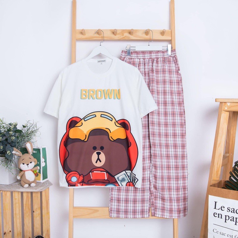 Sét áo gấu brow+quần kẻ Hồng Áo thun from rộng, Chất đẹp không xù, quần suông ống rộng, Sét bộ mặc ở nhà - MODY