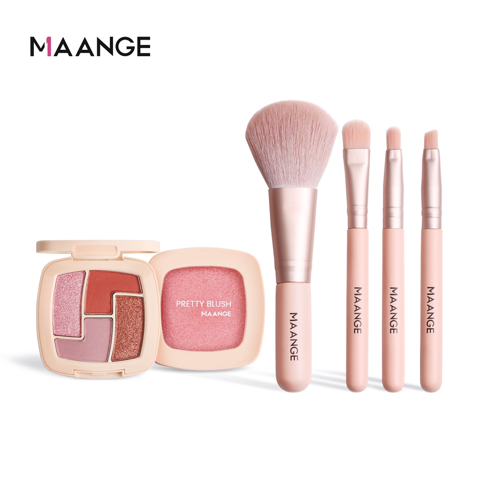 Bộ Mỹ Phẩm MAANGE Mini Gồm Bảng Phấn Mắt Nhiều Màu + Phấn Má + 4 Cây Cọ Trang Điểm Hồng 120g