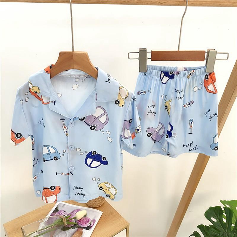 Bộ Đồ Ngủ Pijama Gồm 2 Món Áo Tay Ngắn + Quần Short Vải Cotton Cho Bé