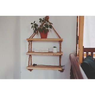 [CÓ SẴN] Kệ Gỗ Treo Tường Trang Trí Dây Thừng Boho Rustic 3 Tầng Gỗ Thông Tự Nhiên