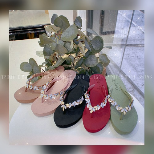 Dép kẹp, dép xỏ ngón, tông nữ đính đá Quảng Châu Qybaby 025 đế cao 5cm đen/xanh lá/đỏ/hồng/nude - TRINH LÊ SHOP