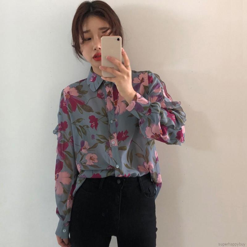 Áo Sơ Mi Chiffon Nữ Tay Dài In Hoa Độc Đáo Thời Trang