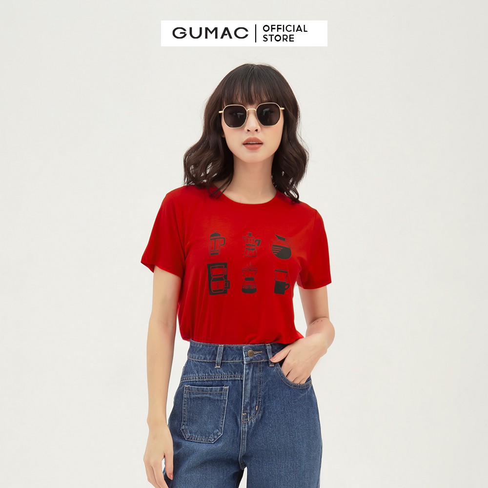 [Mã WABRGU100 giảm 15% đơn 249K tối đa 100k] Áo thun nữ in ấm trà GUMAC thiết kế năng động kiểu basic màu đỏ ATB357 | BigBuy360 - bigbuy360.vn