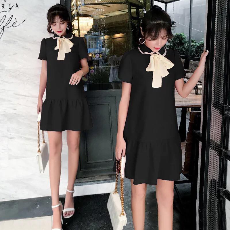 MYC 1275 Váy Bầu Đen Đuôi Cá Nơ Cổ Trắng