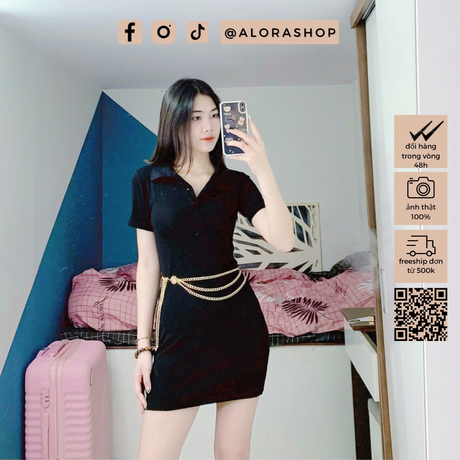 Váy nữ polo, đầm nữ cổ bẻ chất cotton zip dáng ôm ngắn tay hồng, đen freesize thời trang nữ Alora | BigBuy360 - bigbuy360.vn