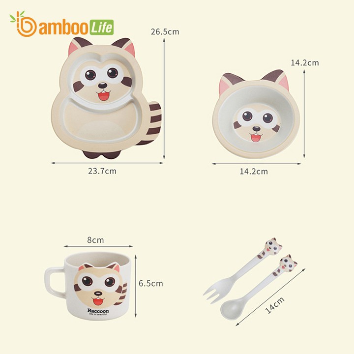 Bát ăn dặm cho bé sợi tre Bamboo Life BL007 khay ăn dặm gồm 5 món gồm thìa, dĩa, khay, bát, cốc hình con mèo cute