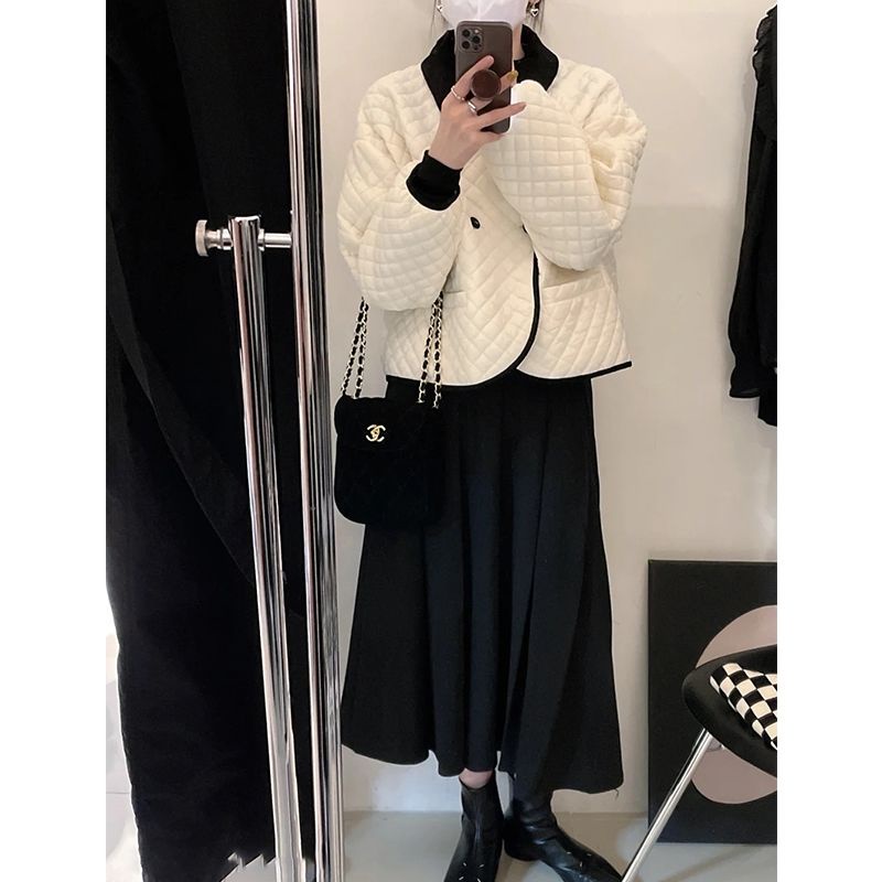 Set Áo Khoác cotton Ngắn Kẻ Sọc Caro Phối Chân Váy Lưng Cao Thời Trang Thu Đông 2022 Sang Trọng Cho Nữ