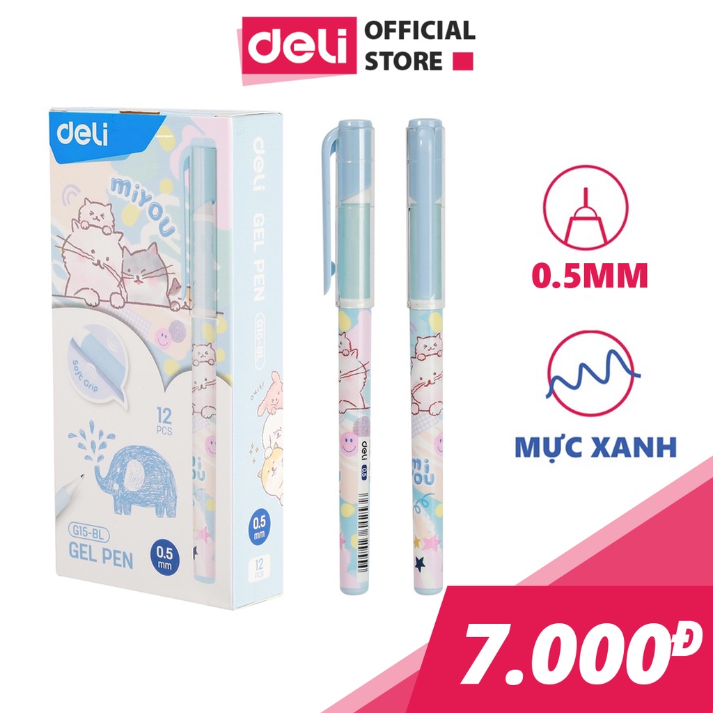 Bút bi nước học sinh mực gel xanh đen 0.5mm Deli nhanh khô lâu hết mực họa tiết hoạt hình nét viết trơn tru có đệm tay