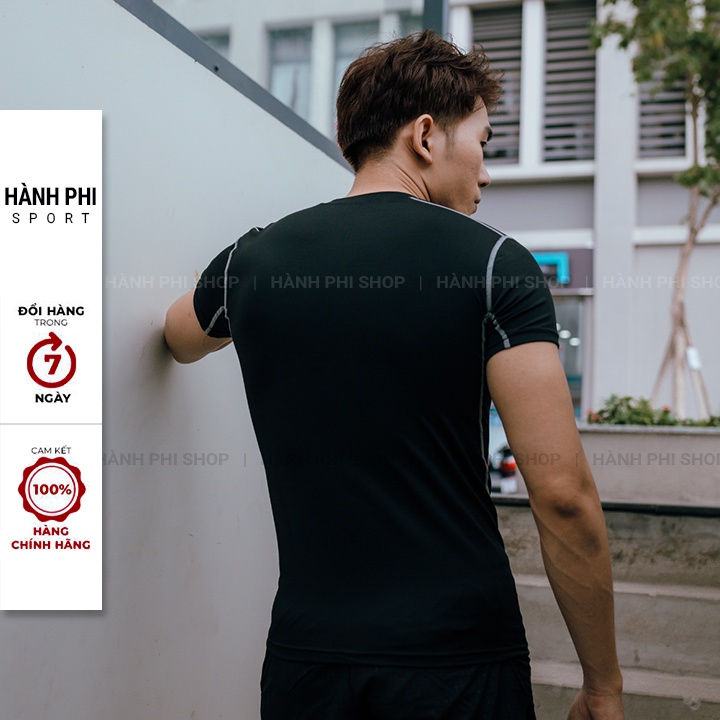 Áo thể thao nam tập GYM cao cấp vải Coolmax nhanh khô slimfit (đen sọc xám)