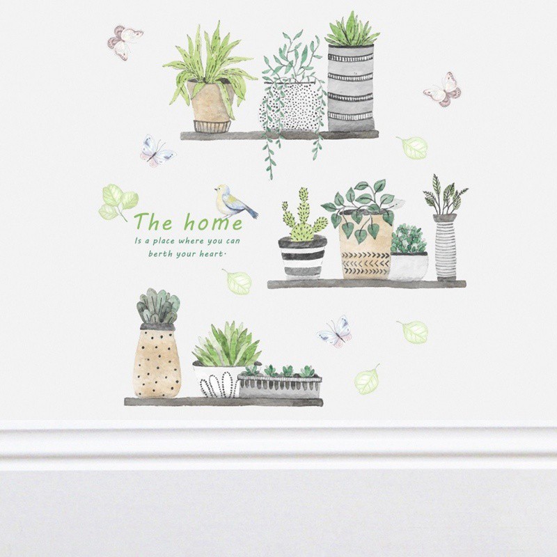 Nhãn dán tường kiểu chậu cây dễ thương trang trí phòng cỡ 90*30 cm