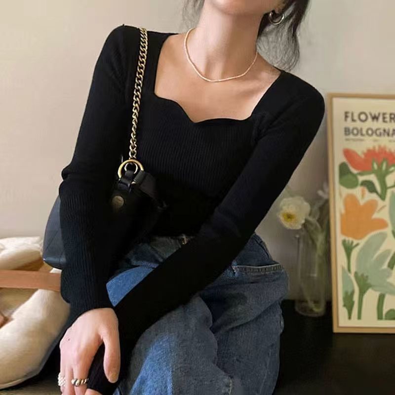 Áo Len Tay Dài Cổ Vuông Màu Trơn Thời Trang Mùa Thu