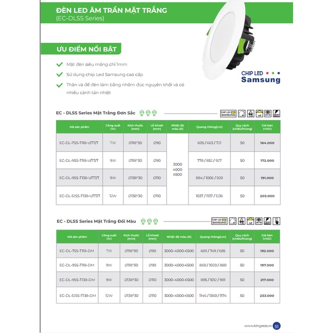 Đèn Led âm trần KINGLED ECO 7w, 9w, 12w, KINGECO Downlight, nhôm đúc nguyên khối, bảo hành 2 năm.