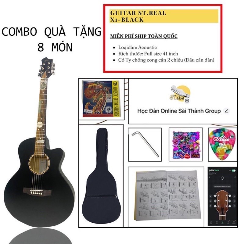 Đàn Guitar Acoustic Chính Hãng ST.Real Guitar Sài Thành mã ST-X1 Có Ty Chỉnh Cần Chất Liệu Gỗ Nhập Khẩu Màu Đen