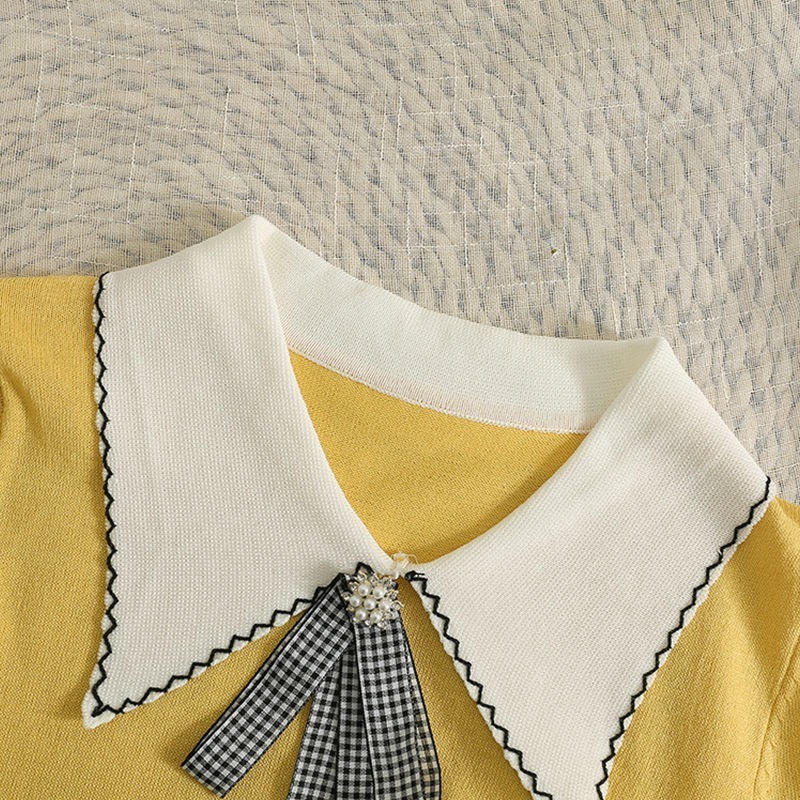 Áo thun polo ZHELIHANGFEI dệt kim tay ngắn thắt nơ đính hạt dễ thương