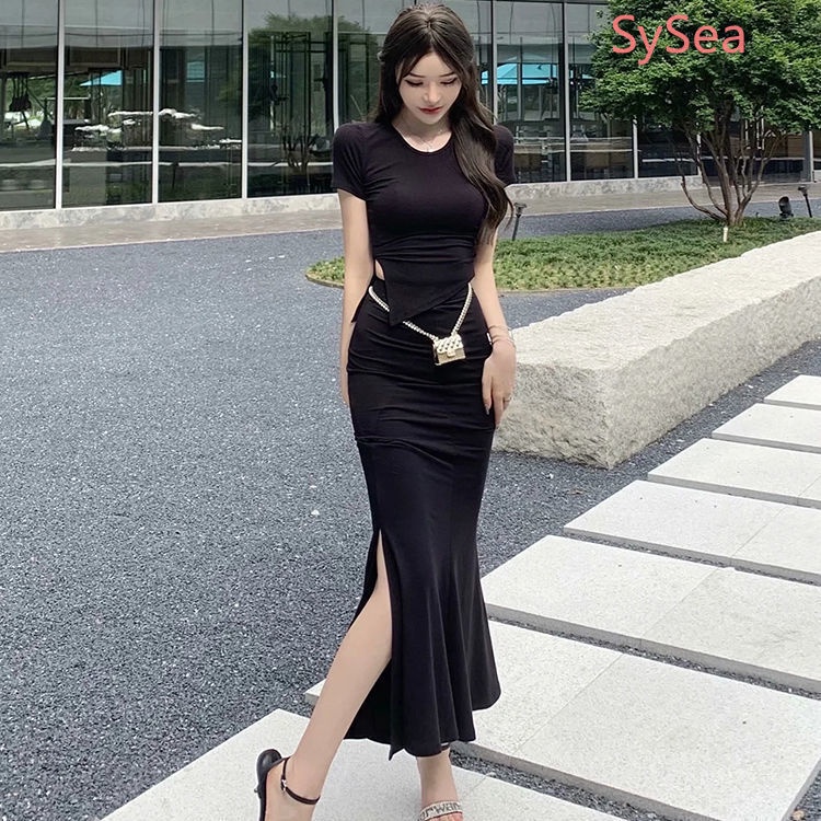 Bộ Áo Thun Lệch Tà + Đầm Đuôi Cá Thời Trang Mùa Hè Dành Cho Nữ