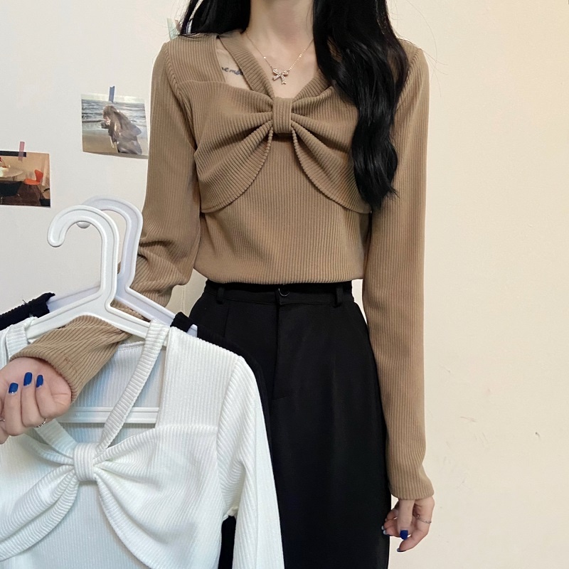 Áo kiểu ZHELIHANGFEI dệt kim tay dài thiết kế thắt nút nơ xinh xắn thời trang dành cho nữ