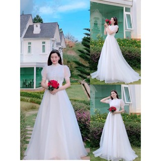 (nhận may theo size) đầm dạ hội cưới tay phồng cổ kín váy xòe phồng công chúa cô dâu chụp hình cưới đính hôn ngoại cảnh
