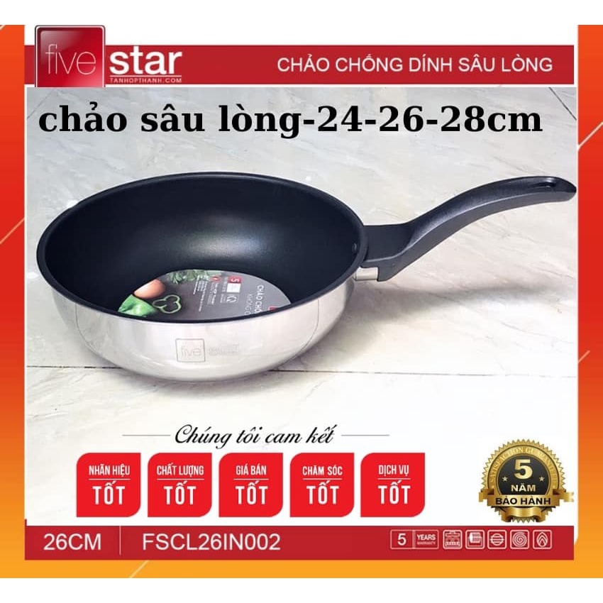 Chảo Chống Dính Sâu Lòng Fivestar-Inox 430-3 Đáy-26cm-chảo chiên ,sào,rán-đáy từ chính hãng-Tân Hợp Thành-giá rẻ-BH 5N
