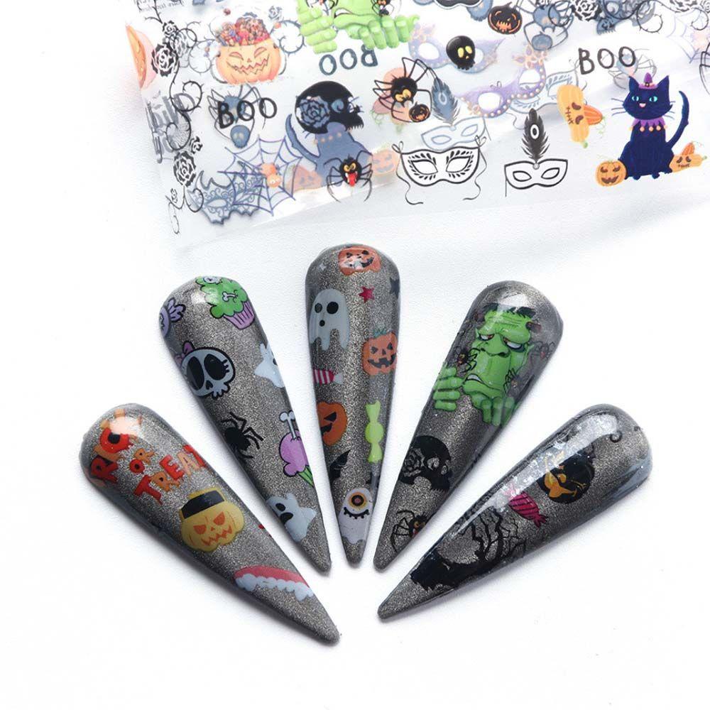 Set 10 Miếng Dán Trang Trí Móng Tay Họa Tiết Đầu Lâu Màu Đen Phong Cách Halloween