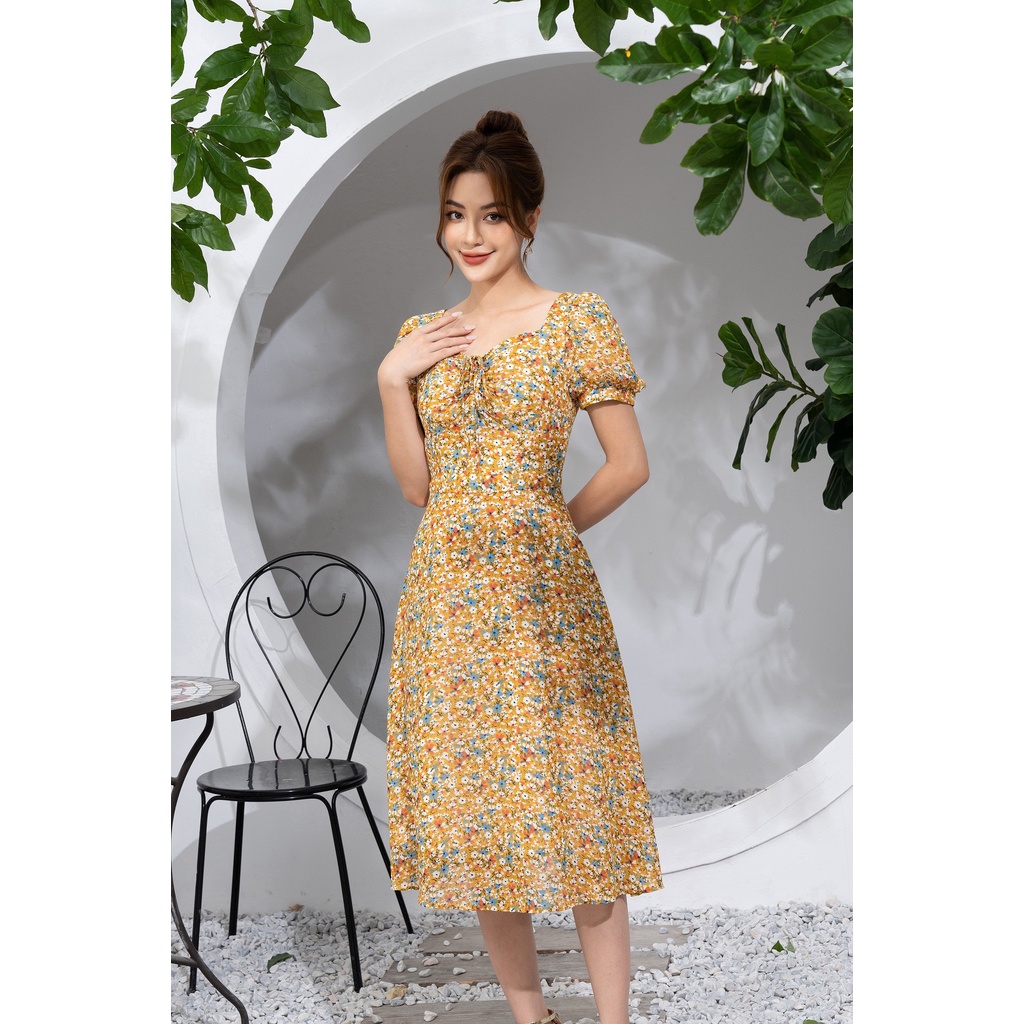 LALULILL - Đầm dáng A dây rút ngực vàng hoa nhí LDL2265801